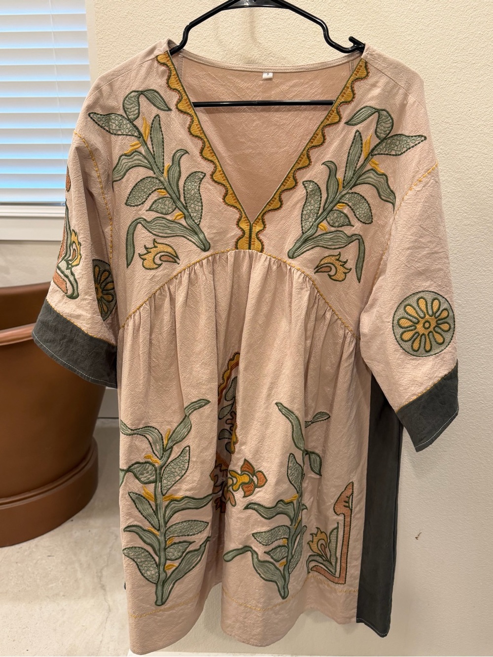 Boho Embroidered V-Neck Tunic Dress in Blush with Green Accents